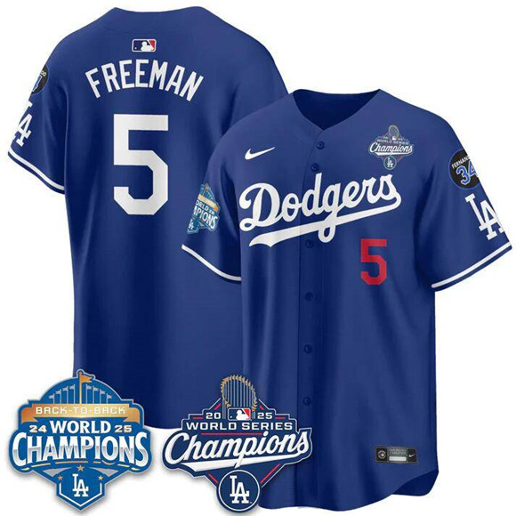 Men's Royal Los Angeles Dodgers #5 Freddie Freeman 2025 World Series Champions & Back to Back Champions With No.34 Patch Limited Stitched Baseball Jersey